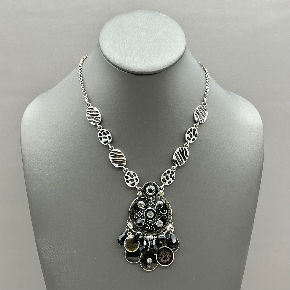 Chico's Necklace Women Silver Black Bohemian Statement Medallion Dangle Fringe